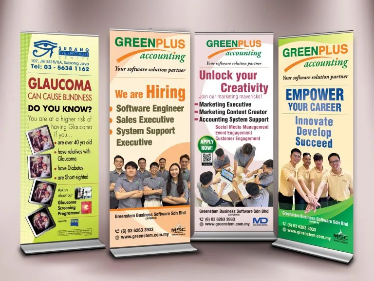 Bright colour marketing roll-up banner with bold, concise text, bullet points, and social media icons for accounting system company.